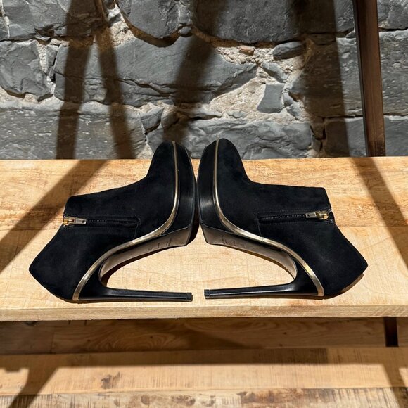 Saint Laurent Black Suede Gold Trim Janis Platform Ankle Booties - Picture 8 of 10
